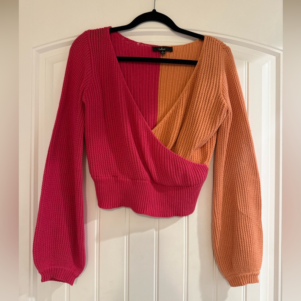 Lulus Pink Orange Colorblock Surplice Wrap Cropped Balloon Sleeve‎ Sweater Small